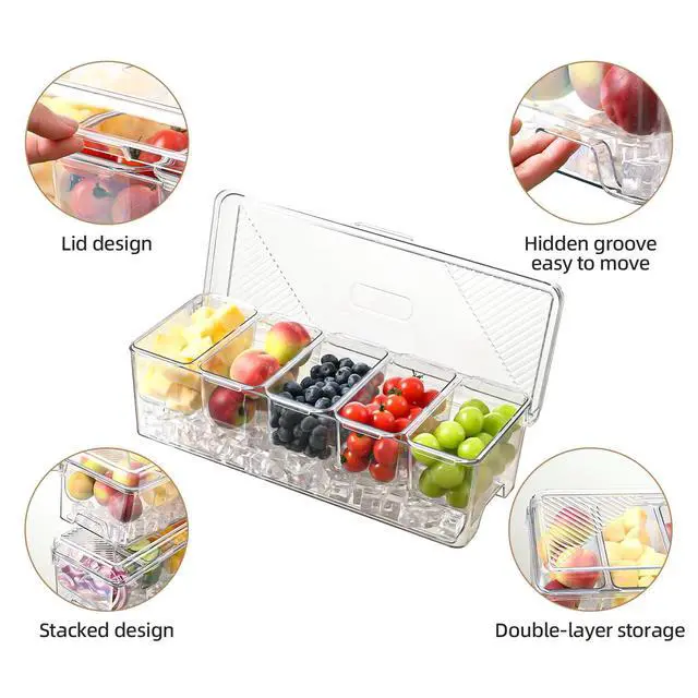 Alt view image 4 of 7 - Large Chilled Condiment Caddy,Stackable Chilled Condiment Containers Server with Lids for 5 Removable Compartments (5 Containers, 1 pack)