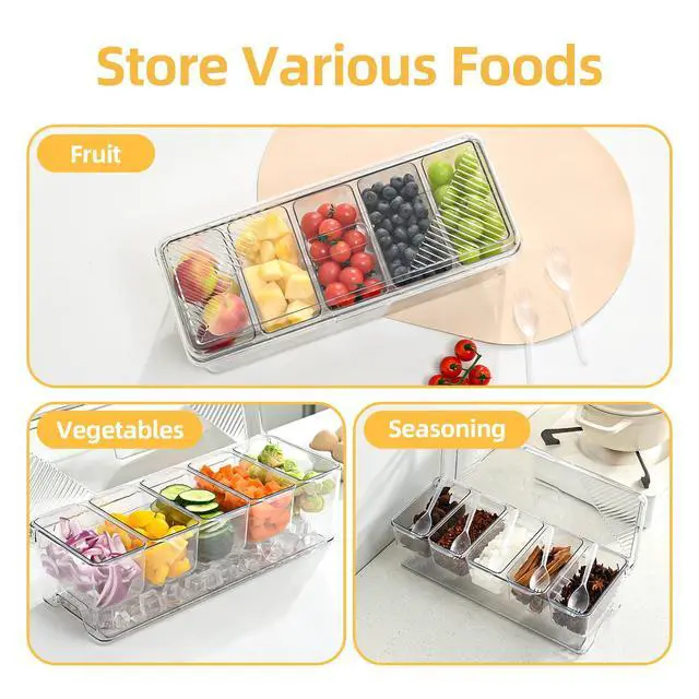 Alt view image 6 of 7 - Large Chilled Condiment Caddy,Stackable Chilled Condiment Containers Server with Lids for 5 Removable Compartments (5 Containers, 1 pack)