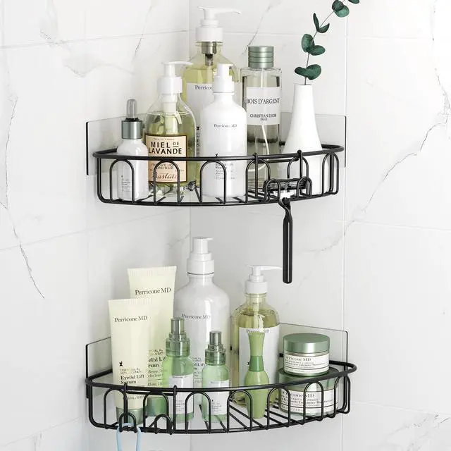 Main image of Corner Shower Caddy with 2 Hooks Wall Mounted Metal Bathroom Shelf Storage Organizer Adhesive No Drilling 2 Pack, Black Only for 90-Degree Corner