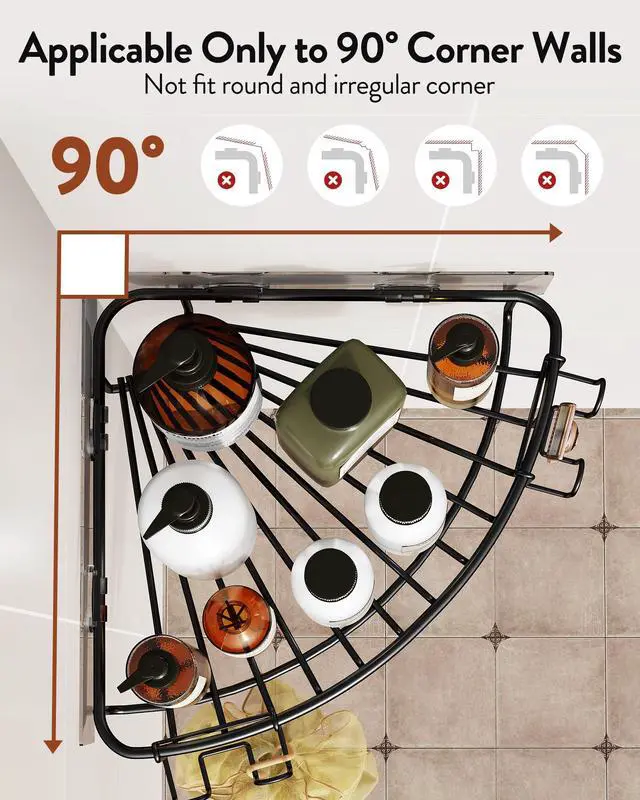 Alt view image 2 of 7 - Corner Shower Caddy with 2 Hooks Wall Mounted Metal Bathroom Shelf Storage Organizer Adhesive No Drilling 2 Pack, Black Only for 90-Degree Corner
