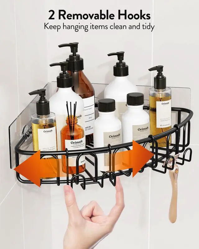 Alt view image 5 of 7 - Corner Shower Caddy with 2 Hooks Wall Mounted Metal Bathroom Shelf Storage Organizer Adhesive No Drilling 2 Pack, Black Only for 90-Degree Corner