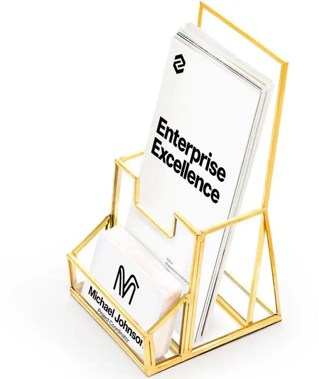 Main image of Gold Glass Brochure Holder for 4 Inch Wide Trifold Handouts, Countertop Clear Literature Pamphlet Holder Flyer Display Stand with Business Card Holders for Magazines, Booklets, Menu, Journals