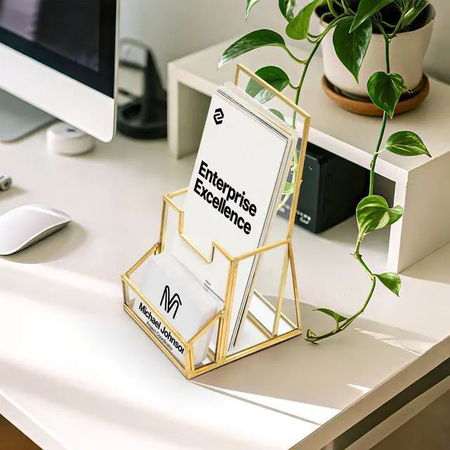 Alt view image 4 of 6 - Gold Glass Brochure Holder for 4 Inch Wide Trifold Handouts, Countertop Clear Literature Pamphlet Holder Flyer Display Stand with Business Card Holders for Magazines, Booklets, Menu, Journals