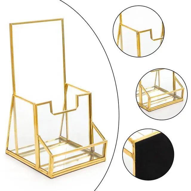 Alt view image 3 of 6 - Gold Glass Brochure Holder for 4 Inch Wide Trifold Handouts, Countertop Clear Literature Pamphlet Holder Flyer Display Stand with Business Card Holders for Magazines, Booklets, Menu, Journals
