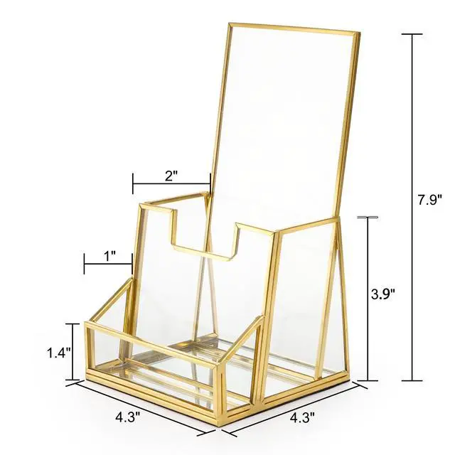 Alt view image 2 of 6 - Gold Glass Brochure Holder for 4 Inch Wide Trifold Handouts, Countertop Clear Literature Pamphlet Holder Flyer Display Stand with Business Card Holders for Magazines, Booklets, Menu, Journals