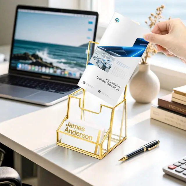 Alt view image 5 of 6 - Gold Glass Brochure Holder for 4 Inch Wide Trifold Handouts, Countertop Clear Literature Pamphlet Holder Flyer Display Stand with Business Card Holders for Magazines, Booklets, Menu, Journals