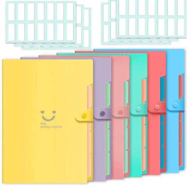 Main image of 6 Pcs Expanding File Folder with 5 Pockets Organizer Plastic A4 Size and 168 Pcs File Folder Labels for School Teacher and Office