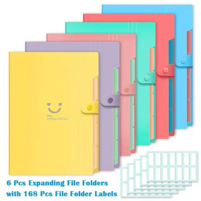 Alt view image 2 of 7 - 6 Pcs Expanding File Folder with 5 Pockets Organizer Plastic A4 Size and 168 Pcs File Folder Labels for School Teacher and Office
