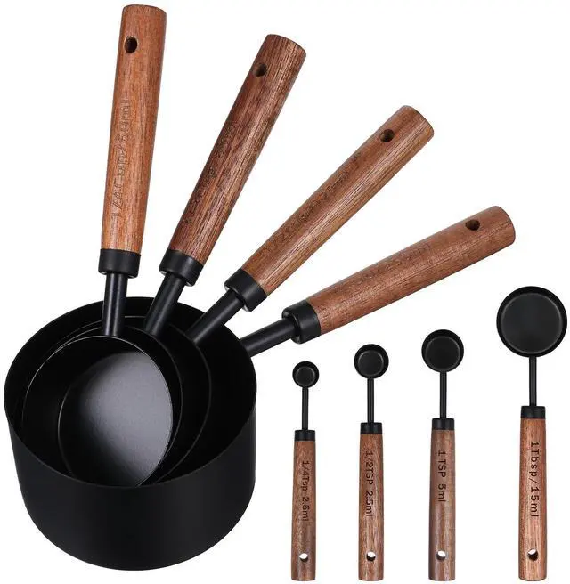 Main image of Steel Measuring Cups Set and Measuring Spoons Wooden Handle Metal Measure Cups and Spoons for Cooking and Baking, 8 Piece