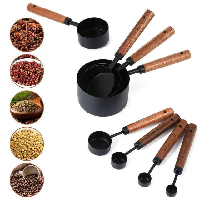 Alt view image 4 of 7 - Steel Measuring Cups Set and Measuring Spoons Wooden Handle Metal Measure Cups and Spoons for Cooking and Baking, 8 Piece