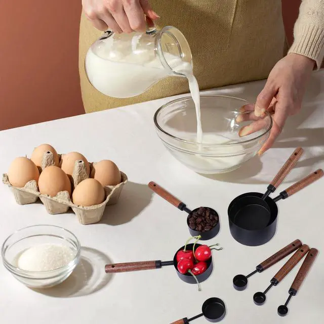 Alt view image 6 of 7 - Steel Measuring Cups Set and Measuring Spoons Wooden Handle Metal Measure Cups and Spoons for Cooking and Baking, 8 Piece