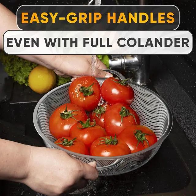 Alt view image 2 of 7 - Stainless Steel Strainer Bowl With Handles - 5Qt Rice Washer Strainer Bowl for Grains, Beans, Spaghetti, Veggies, Fruits - Dishwasher Safe & Rust-Resistant Metal Strainers for Kitchen With Fine Holes