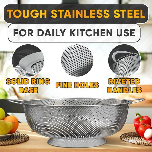 Alt view image 5 of 7 - Stainless Steel Strainer Bowl With Handles - 5Qt Rice Washer Strainer Bowl for Grains, Beans, Spaghetti, Veggies, Fruits - Dishwasher Safe & Rust-Resistant Metal Strainers for Kitchen With Fine Holes