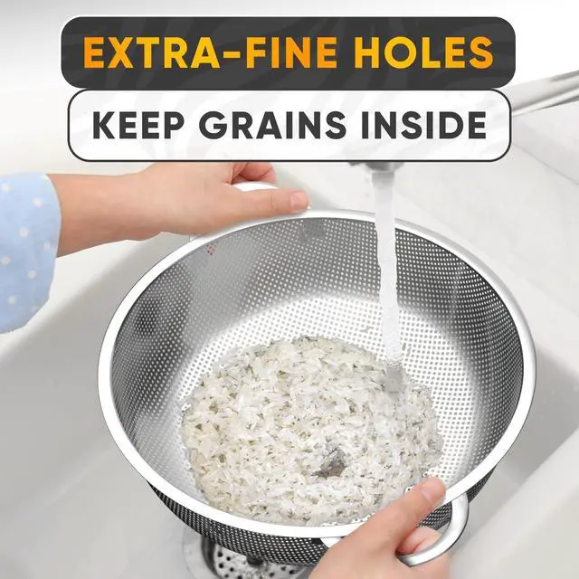 Alt view image 7 of 7 - Stainless Steel Strainer Bowl With Handles - 5Qt Rice Washer Strainer Bowl for Grains, Beans, Spaghetti, Veggies, Fruits - Dishwasher Safe & Rust-Resistant Metal Strainers for Kitchen With Fine Holes