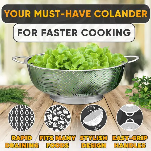 Alt view image 6 of 7 - Stainless Steel Strainer Bowl With Handles - 5Qt Rice Washer Strainer Bowl for Grains, Beans, Spaghetti, Veggies, Fruits - Dishwasher Safe & Rust-Resistant Metal Strainers for Kitchen With Fine Holes