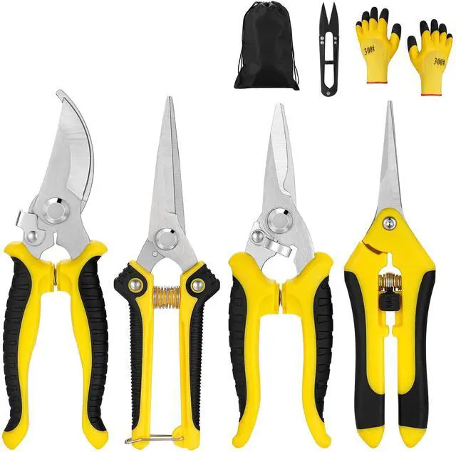 Main image of 5 pack Garden Pruning Shears Stainless Steel Blades, Handheld Scissors Set with Gardening Gloves,Heavy Duty Garden Bypass Pruning Shears,Tree Trimmers Secateurs, Hand Pruner (Yellow and Black)