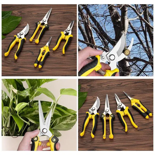 Alt view image 5 of 6 - 5 pack Garden Pruning Shears Stainless Steel Blades, Handheld Scissors Set with Gardening Gloves,Heavy Duty Garden Bypass Pruning Shears,Tree Trimmers Secateurs, Hand Pruner (Yellow and Black)