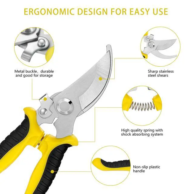 Alt view image 3 of 6 - 5 pack Garden Pruning Shears Stainless Steel Blades, Handheld Scissors Set with Gardening Gloves,Heavy Duty Garden Bypass Pruning Shears,Tree Trimmers Secateurs, Hand Pruner (Yellow and Black)