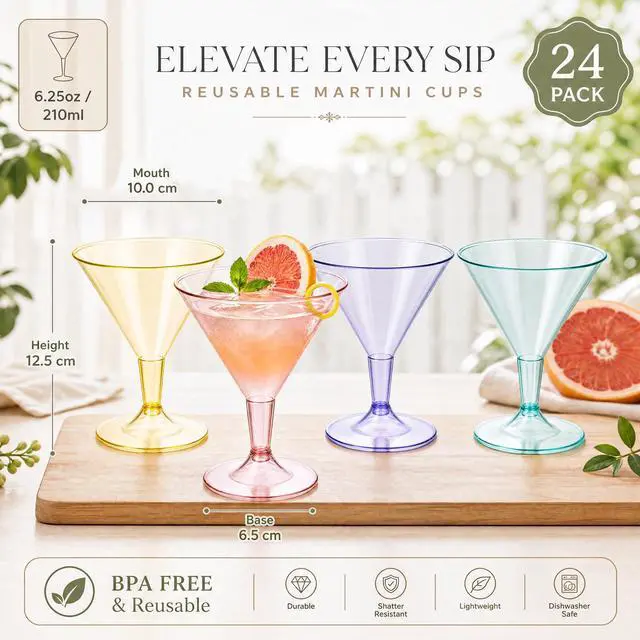 Alt view image 3 of 7 - 24 Pack Colored Plastic Cocktail Glasses - 6.25oz Disposable Martini Glasses - Plastic Margarita Glasses - Perfect for Wedding & Birthday & Summer Party