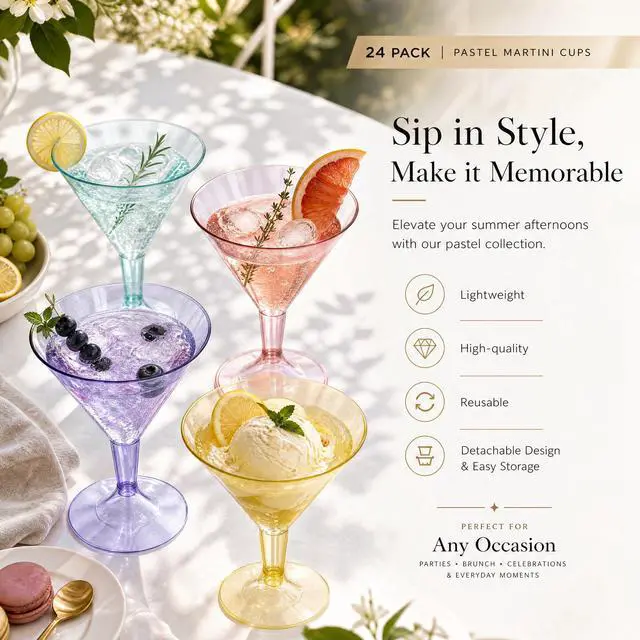 Alt view image 6 of 7 - 24 Pack Colored Plastic Cocktail Glasses - 6.25oz Disposable Martini Glasses - Plastic Margarita Glasses - Perfect for Wedding & Birthday & Summer Party