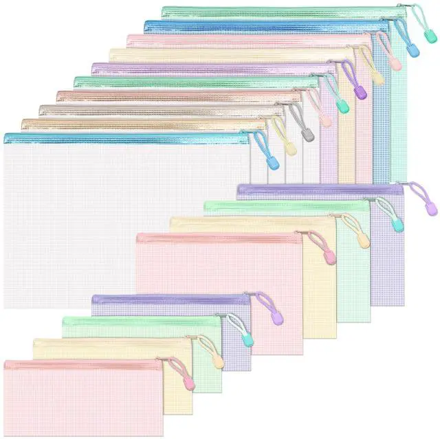 Main image of 18Pcs Mesh Zipper Pouch Bags, Clear Waterproof Document Bag, Assorted Color File Pockets, Large Capacity Plastic File Jackets, Multipurpose for Travel School Office and Home (Colorful)