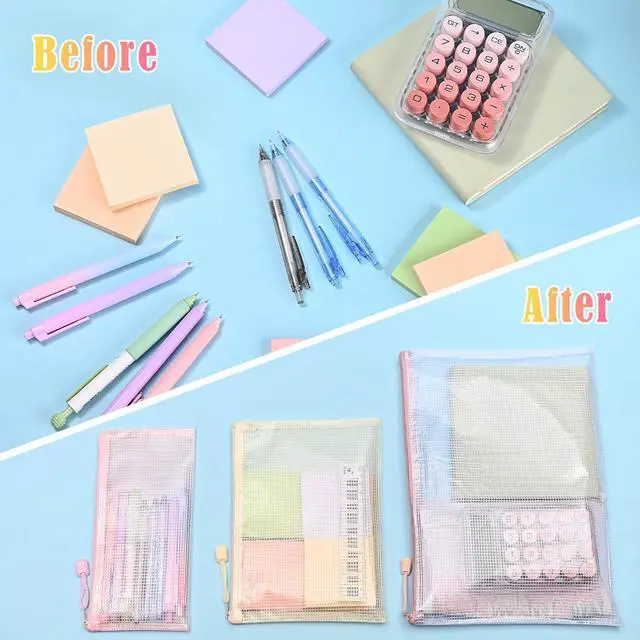 Alt view image 6 of 7 - 18Pcs Mesh Zipper Pouch Bags, Clear Waterproof Document Bag, Assorted Color File Pockets, Large Capacity Plastic File Jackets, Multipurpose for Travel School Office and Home (Colorful)