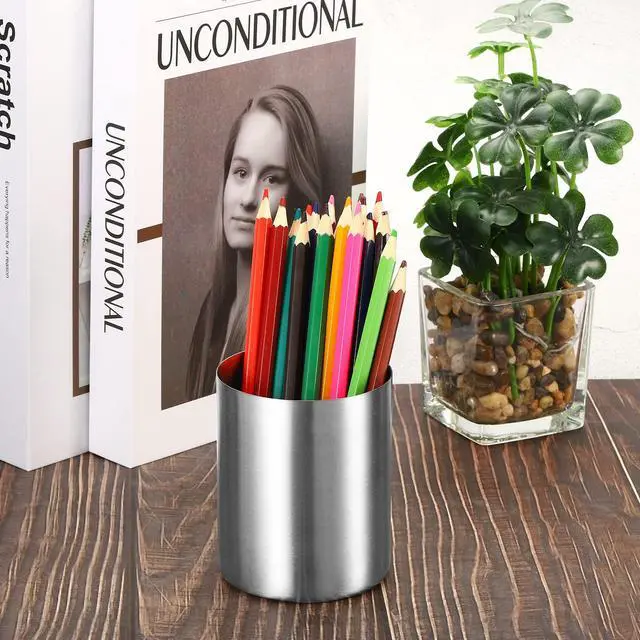 Alt view image 5 of 5 - Pencil Holder, 3 Pack Pen Holder for Desk Stainless Steel Pencil Holders Cup Organizer Makeup Brush Holder for Desk Accessories, Silver