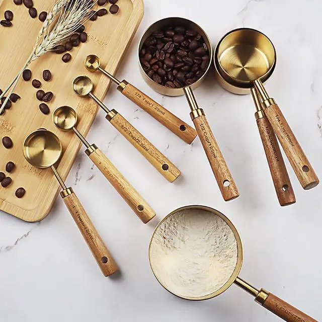 Alt view image 2 of 7 - Measuring Cups and Spoons Set of 8, Stainless Steel Gold Measuring Cups Kit with Wooden Handle, Kitchen Cooking Baking Spoons Tool Set for Solid and Liquid Iingredients