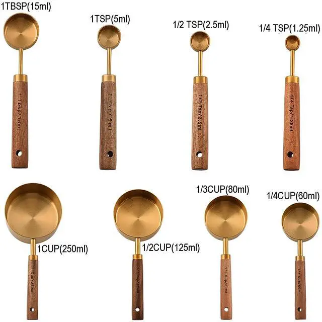 Alt view image 3 of 7 - Measuring Cups and Spoons Set of 8, Stainless Steel Gold Measuring Cups Kit with Wooden Handle, Kitchen Cooking Baking Spoons Tool Set for Solid and Liquid Iingredients