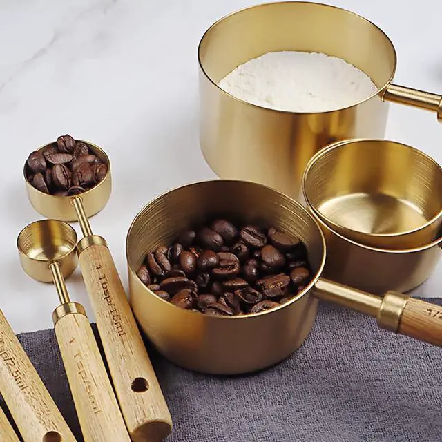 Alt view image 4 of 7 - Measuring Cups and Spoons Set of 8, Stainless Steel Gold Measuring Cups Kit with Wooden Handle, Kitchen Cooking Baking Spoons Tool Set for Solid and Liquid Iingredients