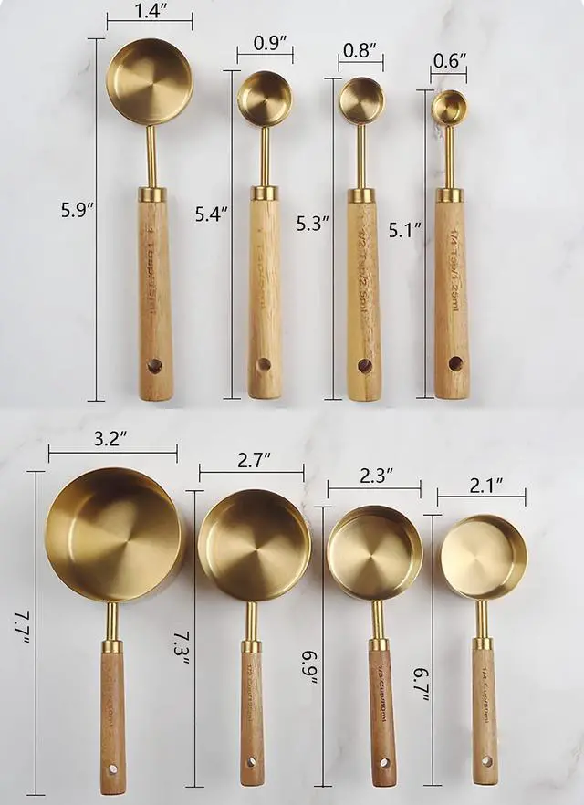 Alt view image 5 of 7 - Measuring Cups and Spoons Set of 8, Stainless Steel Gold Measuring Cups Kit with Wooden Handle, Kitchen Cooking Baking Spoons Tool Set for Solid and Liquid Iingredients