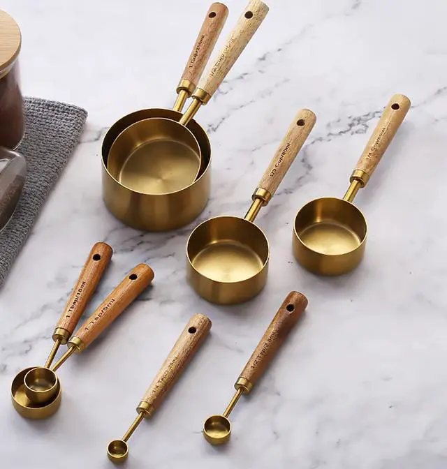 Alt view image 7 of 7 - Measuring Cups and Spoons Set of 8, Stainless Steel Gold Measuring Cups Kit with Wooden Handle, Kitchen Cooking Baking Spoons Tool Set for Solid and Liquid Iingredients