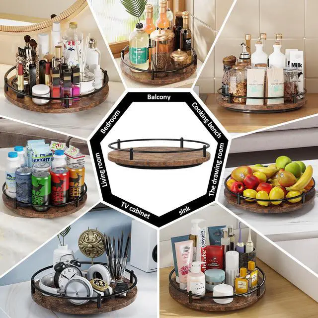 Alt view image 6 of 6 - Lazy Susan Organizer9 Inch Rotating Spice Rack for Kitchen Countertop Round Wooden Turntable Holder for Cabinet, Dining Table, Cupboard Storage Black
