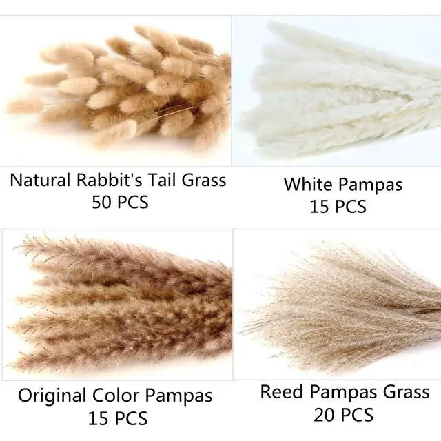 Alt view image 4 of 7 - Dried Pampas Grass Decor, 100 Stems Pampas Grass Contains Bunny Tails Dried Flowers, Reed Grass Bouquet for Wedding Boho Flowers Home Table Decor, Rustic Farmhouse Party (17", White and Brown)