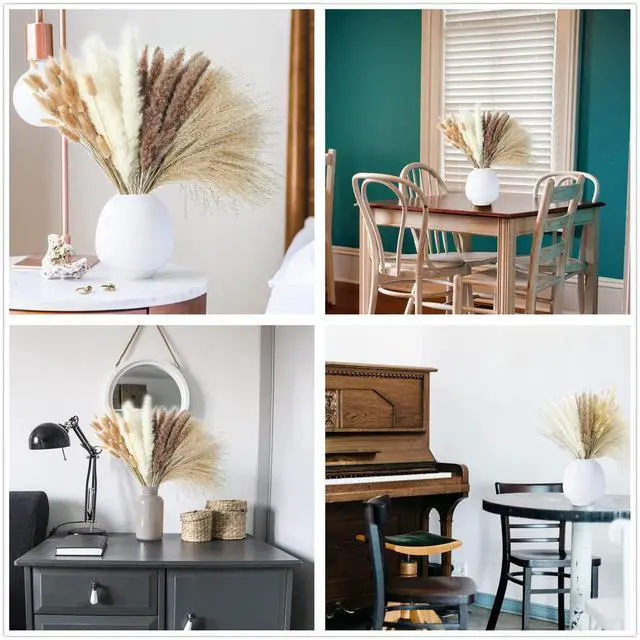 Alt view image 6 of 7 - Dried Pampas Grass Decor, 100 Stems Pampas Grass Contains Bunny Tails Dried Flowers, Reed Grass Bouquet for Wedding Boho Flowers Home Table Decor, Rustic Farmhouse Party (17", White and Brown)