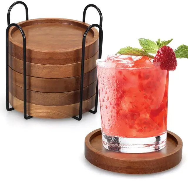 Main image of Wooden Coaster Set of 6 Coffee Table Decor Bar Cup Drink Coasters Holder