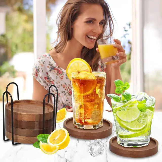 Alt view image 2 of 7 - Wooden Coaster Set of 6 Coffee Table Decor Bar Cup Drink Coasters Holder