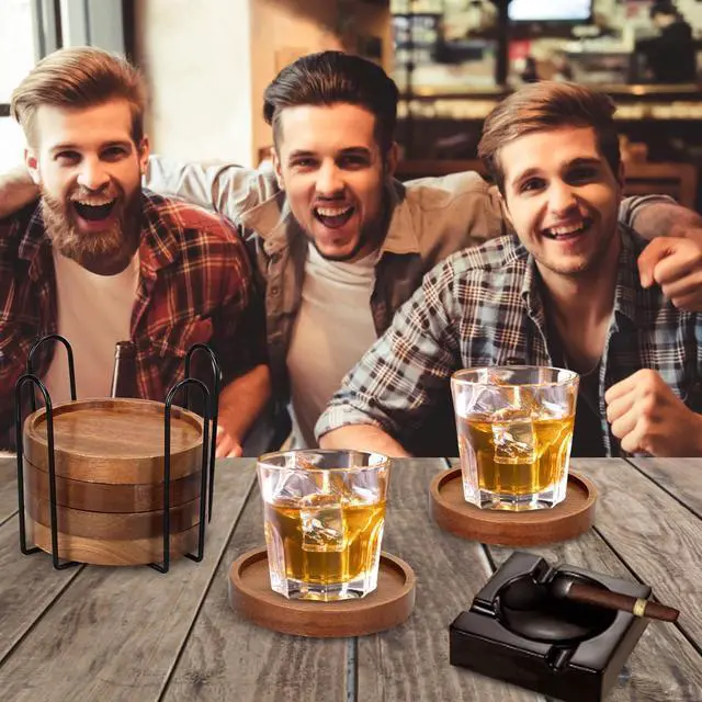 Alt view image 6 of 7 - Wooden Coaster Set of 6 Coffee Table Decor Bar Cup Drink Coasters Holder