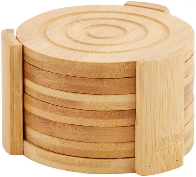 Main image of Coasters Set of 6-4.3-Inch Round Light Brown Bamboo Wood with Holder - Wooden Drink Coasters for Coffee Table Decor & Home Decor