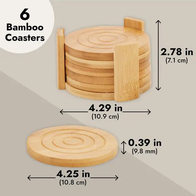 Alt view image 3 of 7 - Coasters Set of 6-4.3-Inch Round Light Brown Bamboo Wood with Holder - Wooden Drink Coasters for Coffee Table Decor & Home Decor