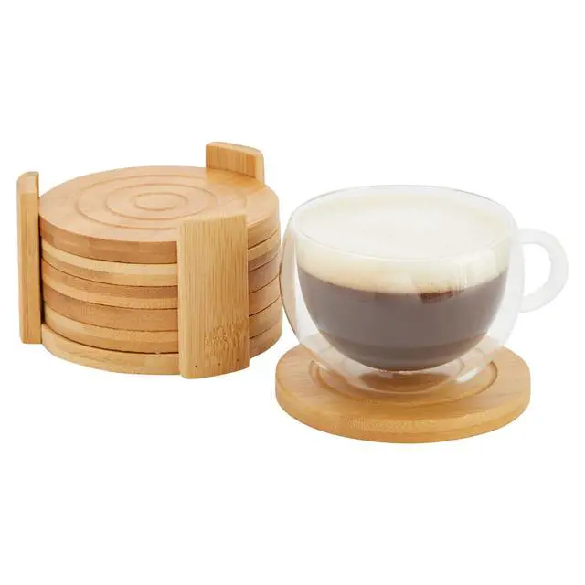 Alt view image 4 of 7 - Coasters Set of 6-4.3-Inch Round Light Brown Bamboo Wood with Holder - Wooden Drink Coasters for Coffee Table Decor & Home Decor