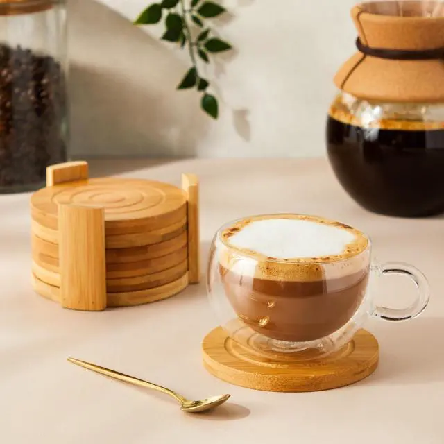 Alt view image 2 of 7 - Coasters Set of 6-4.3-Inch Round Light Brown Bamboo Wood with Holder - Wooden Drink Coasters for Coffee Table Decor & Home Decor