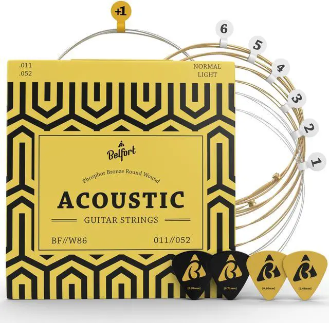 Main image of quality acoustic guitar strings - 6 string set - Premium coating with Phosphor Bronze (guitar strings acoustic 6 string set) BONUS: 4 Picks + 1 High E String - cuerdas para guitarra acustica
