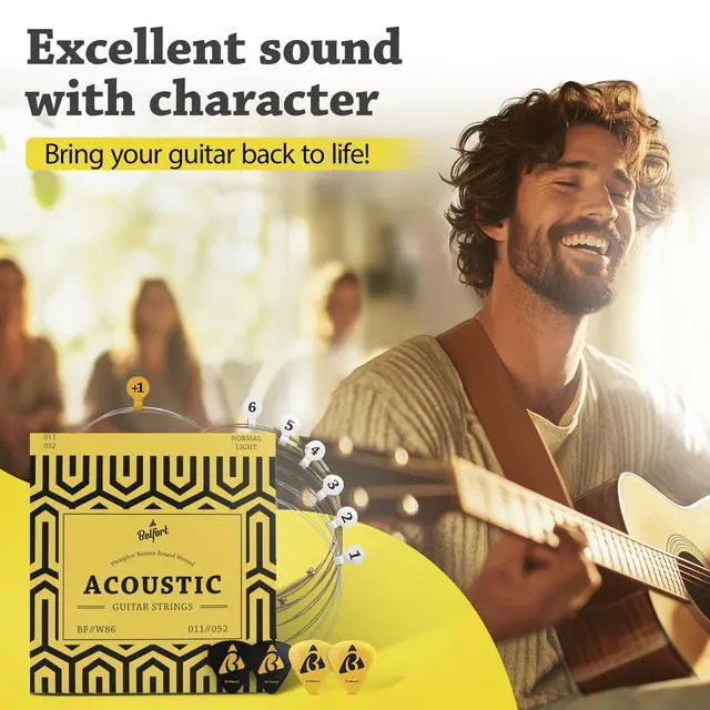 Alt view image 2 of 7 - quality acoustic guitar strings - 6 string set - Premium coating with Phosphor Bronze (guitar strings acoustic 6 string set) BONUS: 4 Picks + 1 High E String - cuerdas para guitarra acustica
