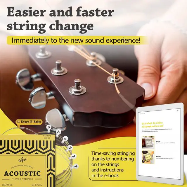 Alt view image 5 of 7 - quality acoustic guitar strings - 6 string set - Premium coating with Phosphor Bronze (guitar strings acoustic 6 string set) BONUS: 4 Picks + 1 High E String - cuerdas para guitarra acustica