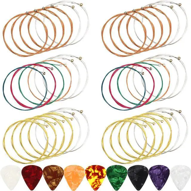 Main image of 6 Sets 6 Acoustic Guitar Strings Replacement Steel Guitar Strings Gold/brass/multicolor with 9 Pcs Celluloid Picks in 3 Sizes 0.5mm/0.75mm/1mm for Electric Acoustic Beginners Performers