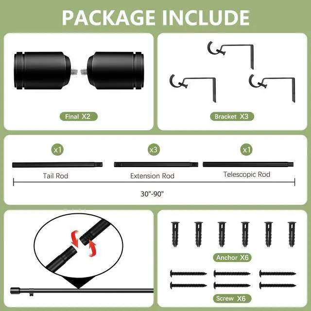 Alt view image 3 of 7 - 5/8 Diameter Curtain Rods 30-90 Inch, for 30-84 Inch Windows, Adjustable Splicing Black Curtain Rods for Windows with Brackets, Window Rod Long Small Curtains Rod
