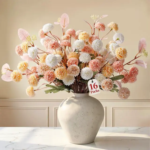 Main image of 16 Pcs Faux Silk Mums with Eucalyptus, Fake Chrysanthemum for Vase