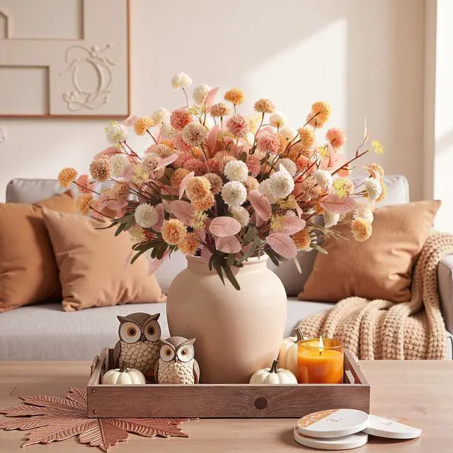 Alt view image 2 of 7 - 16 Pcs Faux Silk Mums with Eucalyptus, Fake Chrysanthemum for Vase
