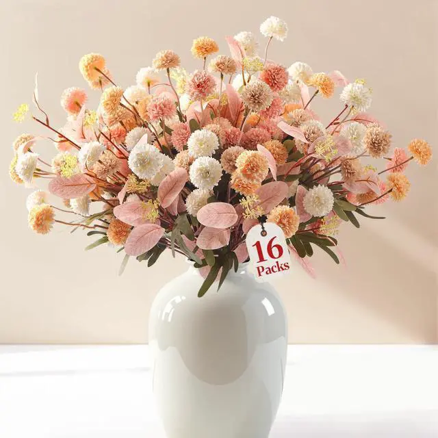 Alt view image 3 of 7 - 16 Pcs Faux Silk Mums with Eucalyptus, Fake Chrysanthemum for Vase